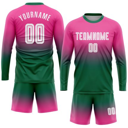 Personalized Pink White-Kelly Green Sublimation Long Sleeve Fade Fashion Soccer Uniform Jersey Team Custom Name and Number