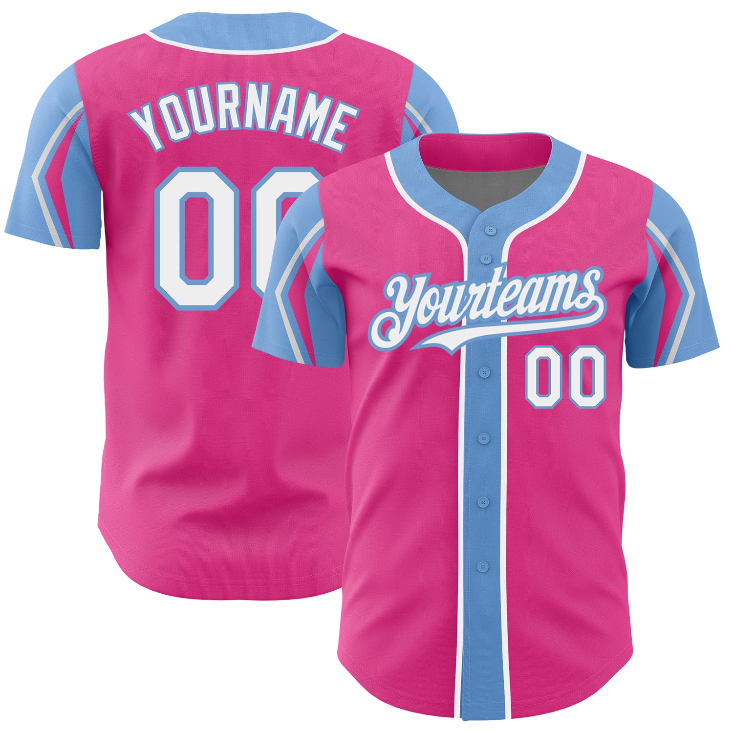 Personalized Pink White-Light Blue 3 Colors Arm Shapes Authentic Baseball Jersey Team Custom Name and Number