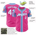 Personalized Pink White-Light Blue 3 Colors Arm Shapes Authentic Baseball Jersey Team Custom Name and Number