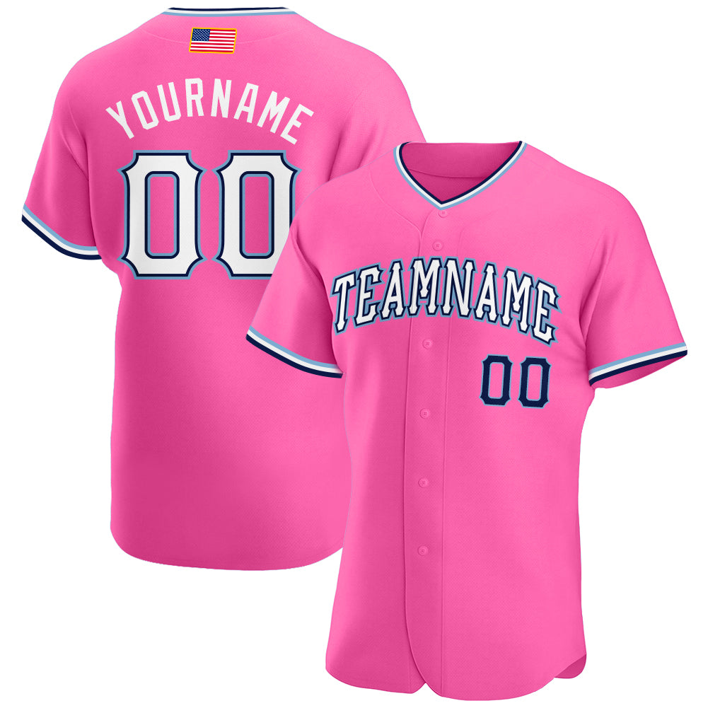 Personalized Pink White-Light Blue Authentic American Flag Fashion Baseball Jersey Team Custom Name and Number