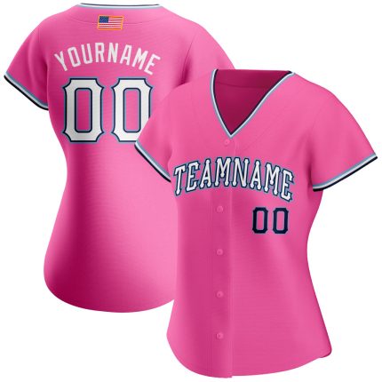 Personalized Pink White-Light Blue Authentic American Flag Fashion Baseball Jersey Team Custom Name and Number