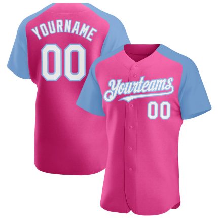 Personalized Pink White-Light Blue Authentic Raglan Sleeves Baseball Jersey Team Custom Name and Number