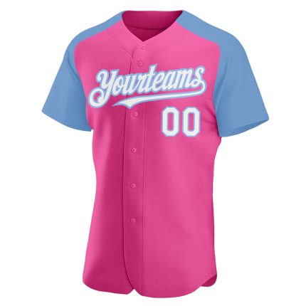 Personalized Pink White-Light Blue Authentic Raglan Sleeves Baseball Jersey Team Custom Name and Number