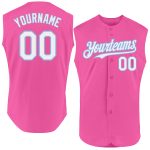 Personalized Pink White-Light Blue Authentic Sleeveless Baseball Jersey