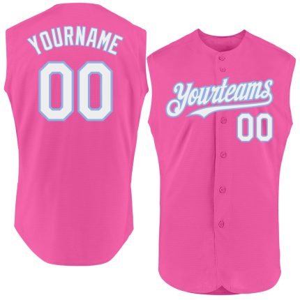 Personalized Pink White-Light Blue Authentic Sleeveless Baseball Jersey