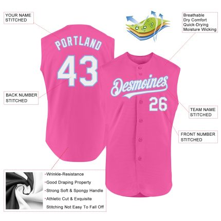 Personalized Pink White-Light Blue Authentic Sleeveless Baseball Jersey