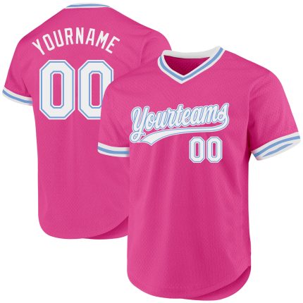 Personalized Pink White-Light Blue Authentic Throwback Baseball Jersey Team Custom Name and Number