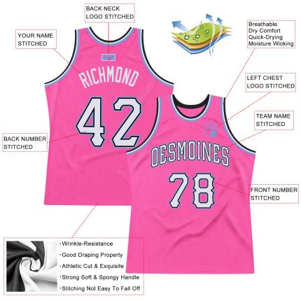 Personalized Pink White-Light Blue Authentic Throwback Basketball Jersey Team Custom Name and Number