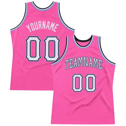 Personalized Pink White-Light Blue Authentic Throwback Basketball Jersey Team Custom Name and Number
