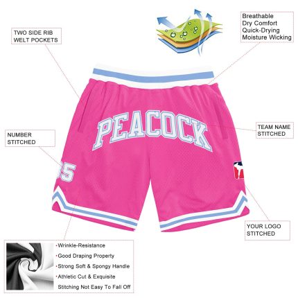 Personalized Pink White-Light Blue Authentic Throwback Basketball Shorts