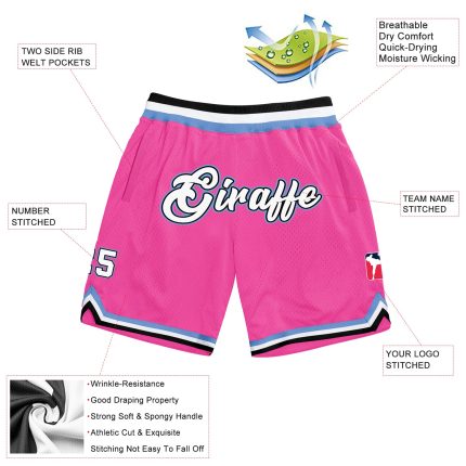 Personalized Pink White-Light Blue Authentic Throwback Basketball Shorts Team Custom Name and Number