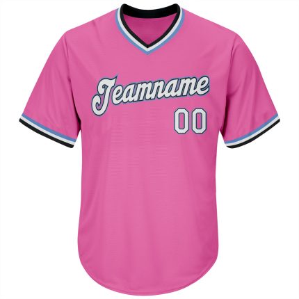 Personalized Pink White-Light Blue Authentic Throwback Rib-Knit Baseball Jersey Shirt Team Custom Name and Number