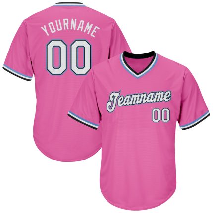 Personalized Pink White-Light Blue Authentic Throwback Rib-Knit Baseball Jersey Shirt Team Custom Name and Number