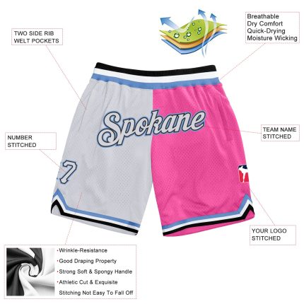 Personalized Pink White-Light Blue Authentic Throwback Split Fashion Basketball Shorts Team Custom Name and Number