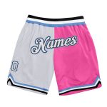 Personalized Pink White-Light Blue Authentic Throwback Split Fashion Basketball Shorts Team Custom Name and Number