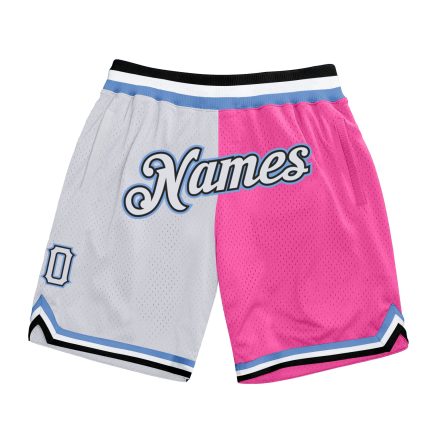 Personalized Pink White-Light Blue Authentic Throwback Split Fashion Basketball Shorts Team Custom Name and Number