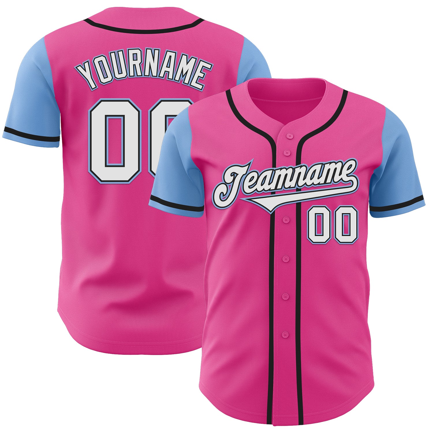 Personalized Pink White-Light Blue Authentic Two Tone Baseball Jersey Team Custom Name and Number