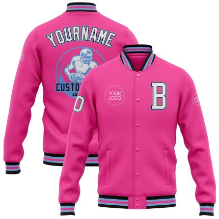 Personalized Pink White Light Blue-Black Bomber Full-Snap Varsity Letterman Jacket Team Custom Name and Number
