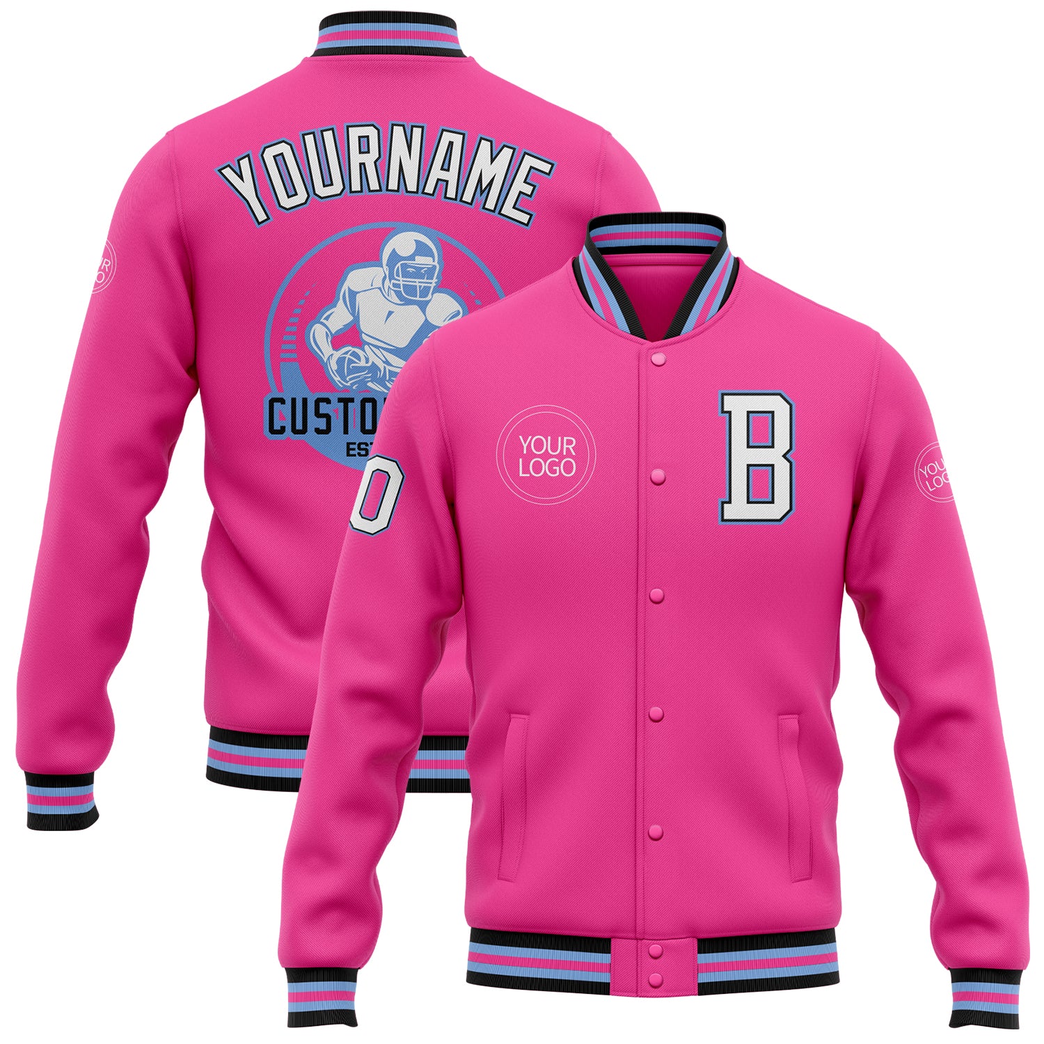 Personalized Pink White Light Blue-Black Bomber Full-Snap Varsity Letterman Jacket Team Custom Name and Number