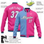 Personalized Pink White Light Blue-Black Bomber Full-Snap Varsity Letterman Split Fashion Jacket Team Custom Name and Number