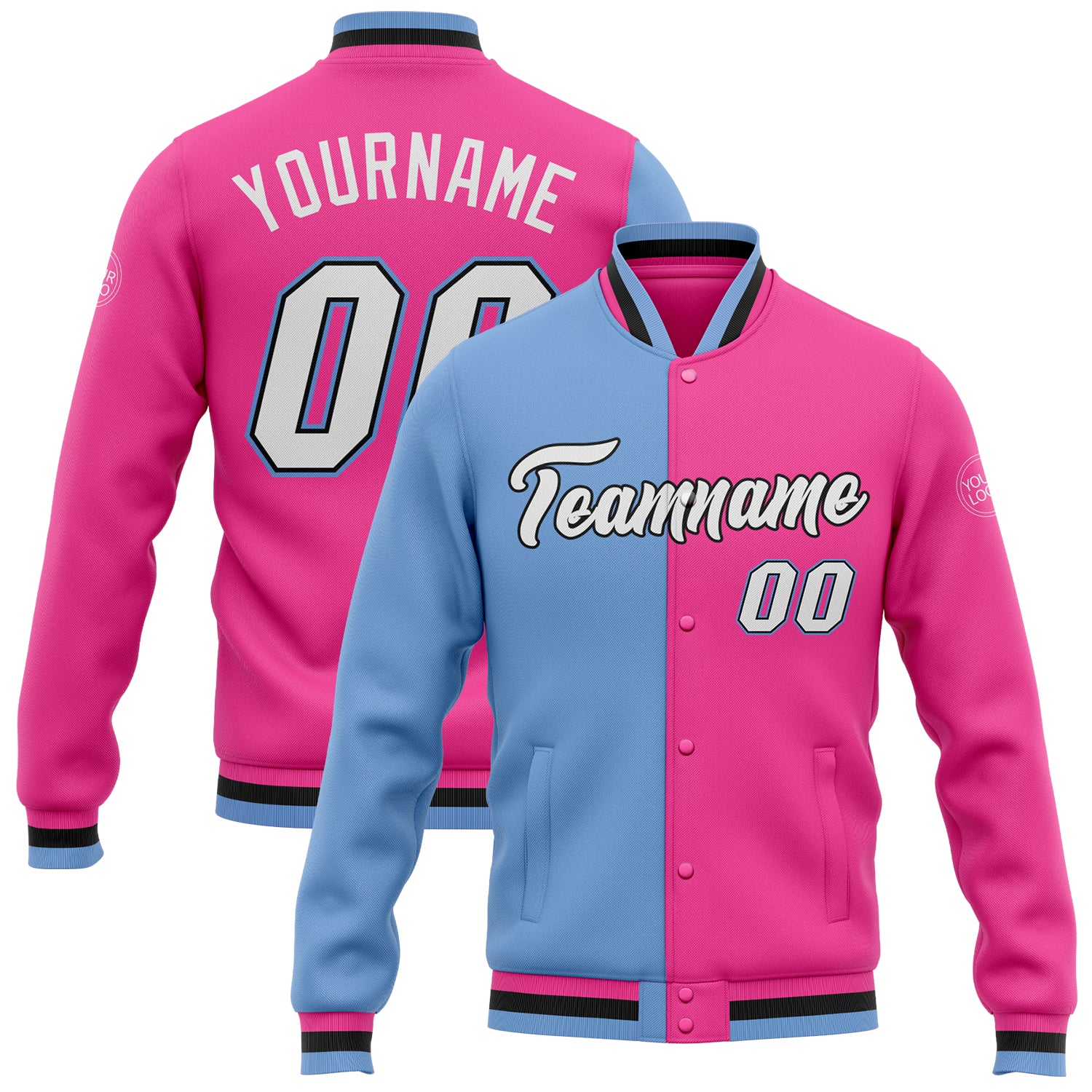 Personalized Pink White Light Blue-Black Bomber Full-Snap Varsity Letterman Split Fashion Jacket Team Custom Name and Number