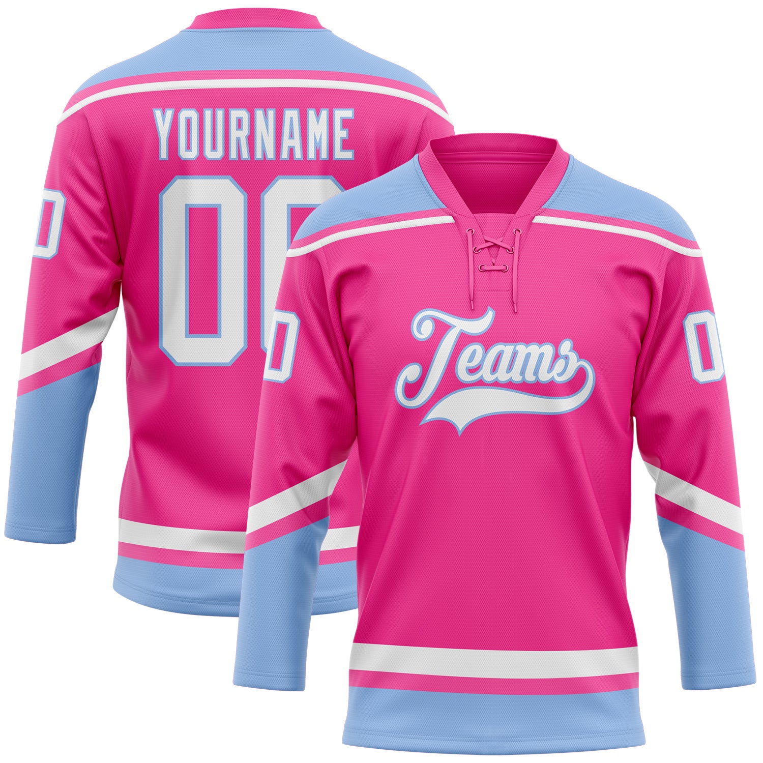 Personalized Pink White-Light Blue Hockey Lace Neck Jersey Team Custom Name and Number