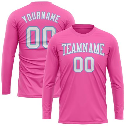 Personalized Pink White-Light Blue Long Sleeve Performance T-Shirt Team Custom Name and Number