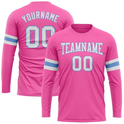 Personalized Pink White-Light Blue Long Sleeve Performance T-Shirt Team Custom Name and Number
