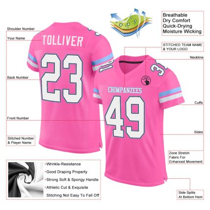 Personalized Pink White-Light Blue Mesh Authentic Football Jersey Team Custom Name and Number