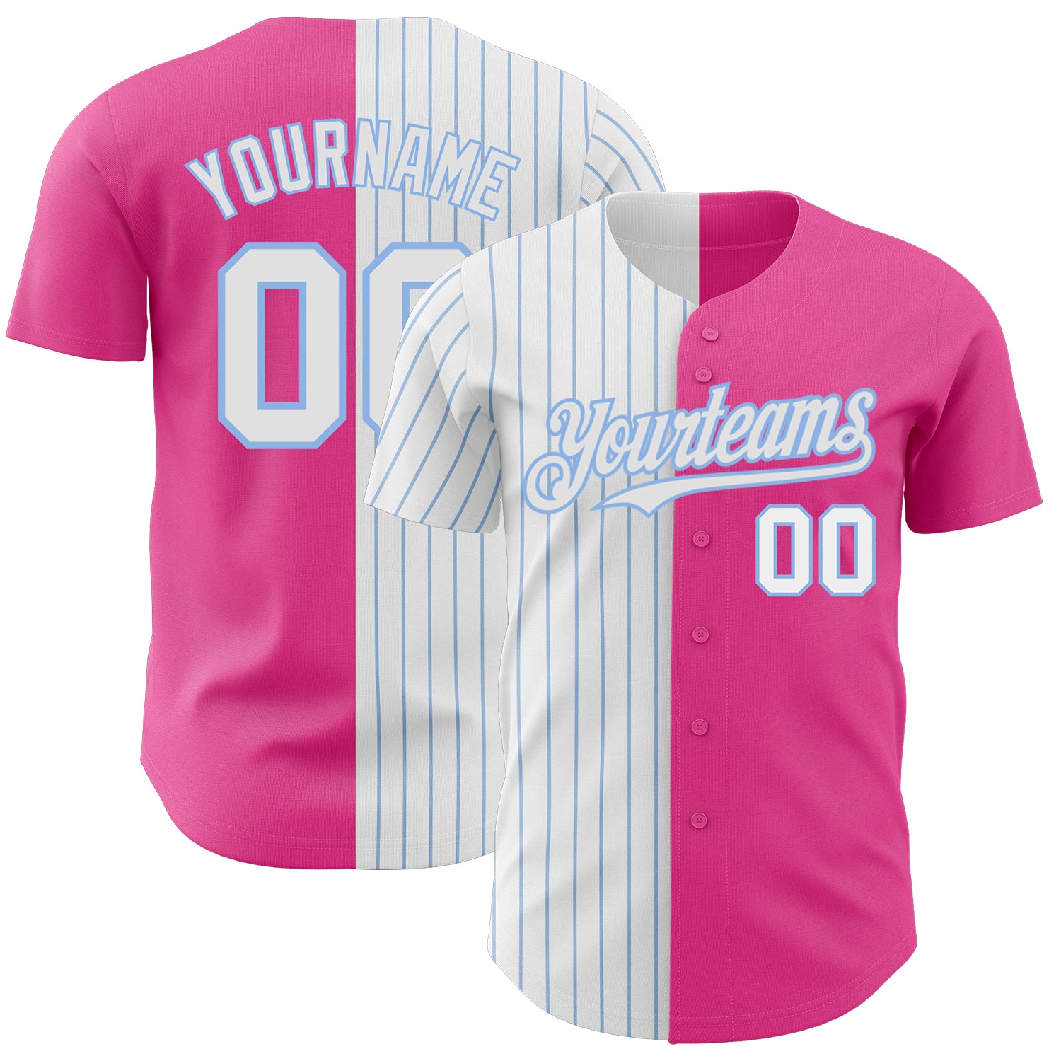 Personalized Pink White-Light Blue Pinstripe Authentic Split Fashion Baseball Jersey Team Custom Name and Number