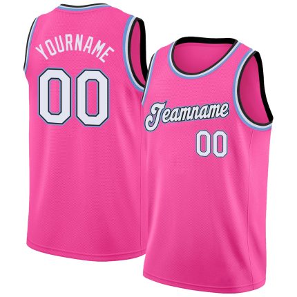 Personalized Pink White-Light Blue Round Neck Rib-Knit Basketball Jersey Team Custom Name and Number