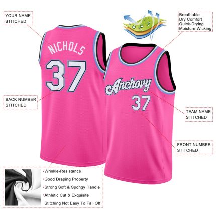 Personalized Pink White-Light Blue Round Neck Rib-Knit Basketball Jersey Team Custom Name and Number