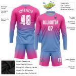 Personalized Pink White-Light Blue Sublimation Long Sleeve Fade Fashion Soccer Uniform Jersey Team Custom Name and Number