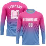Personalized Pink White-Light Blue Sublimation Long Sleeve Fade Fashion Soccer Uniform Jersey Team Custom Name and Number