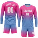 Personalized Pink White-Light Blue Sublimation Long Sleeve Fade Fashion Soccer Uniform Jersey Team Custom Name and Number