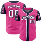 Personalized Pink White-Navy 3 Colors Arm Shapes Authentic Baseball Jersey Team Custom Name and Number