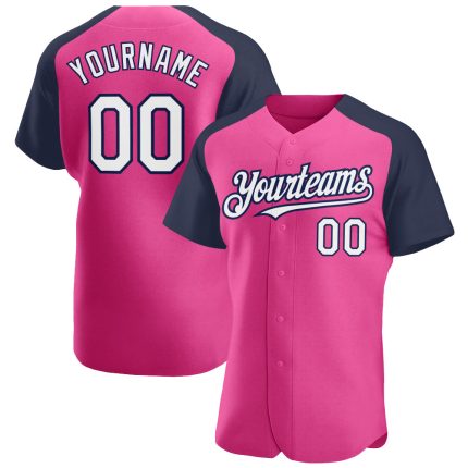 Personalized Pink White-Navy Authentic Raglan Sleeves Baseball Jersey Team Custom Name and Number