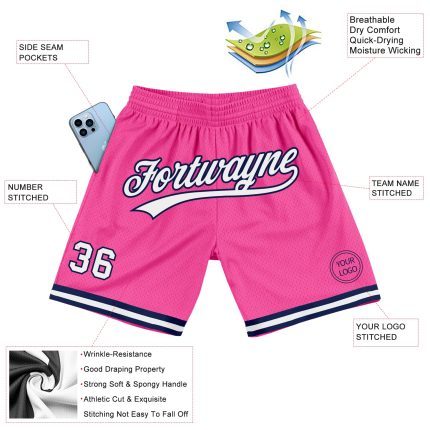 Personalized Pink White-Navy Authentic Throwback Basketball Shorts