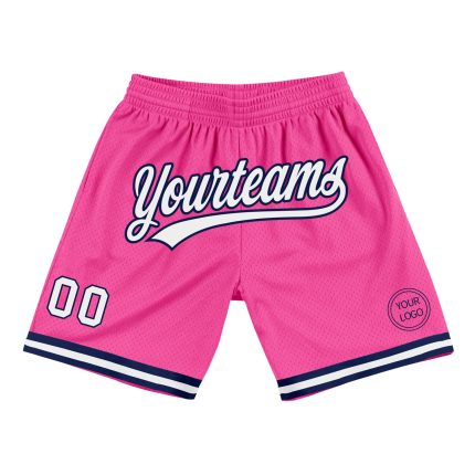 Personalized Pink White-Navy Authentic Throwback Basketball Shorts