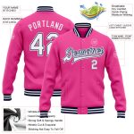 Personalized Pink White-Navy Bomber Full-Snap Varsity Letterman Jacket Team Custom Name and Number