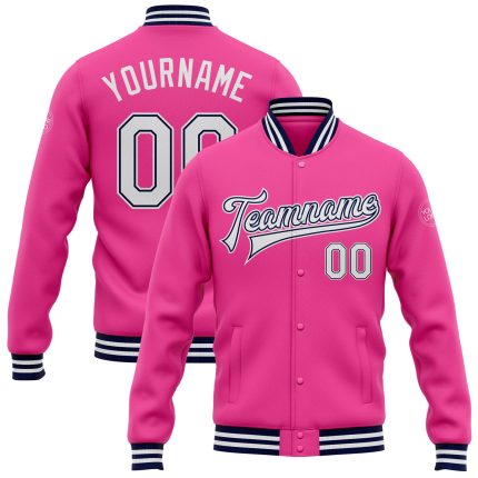 Personalized Pink White-Navy Bomber Full-Snap Varsity Letterman Jacket Team Custom Name and Number