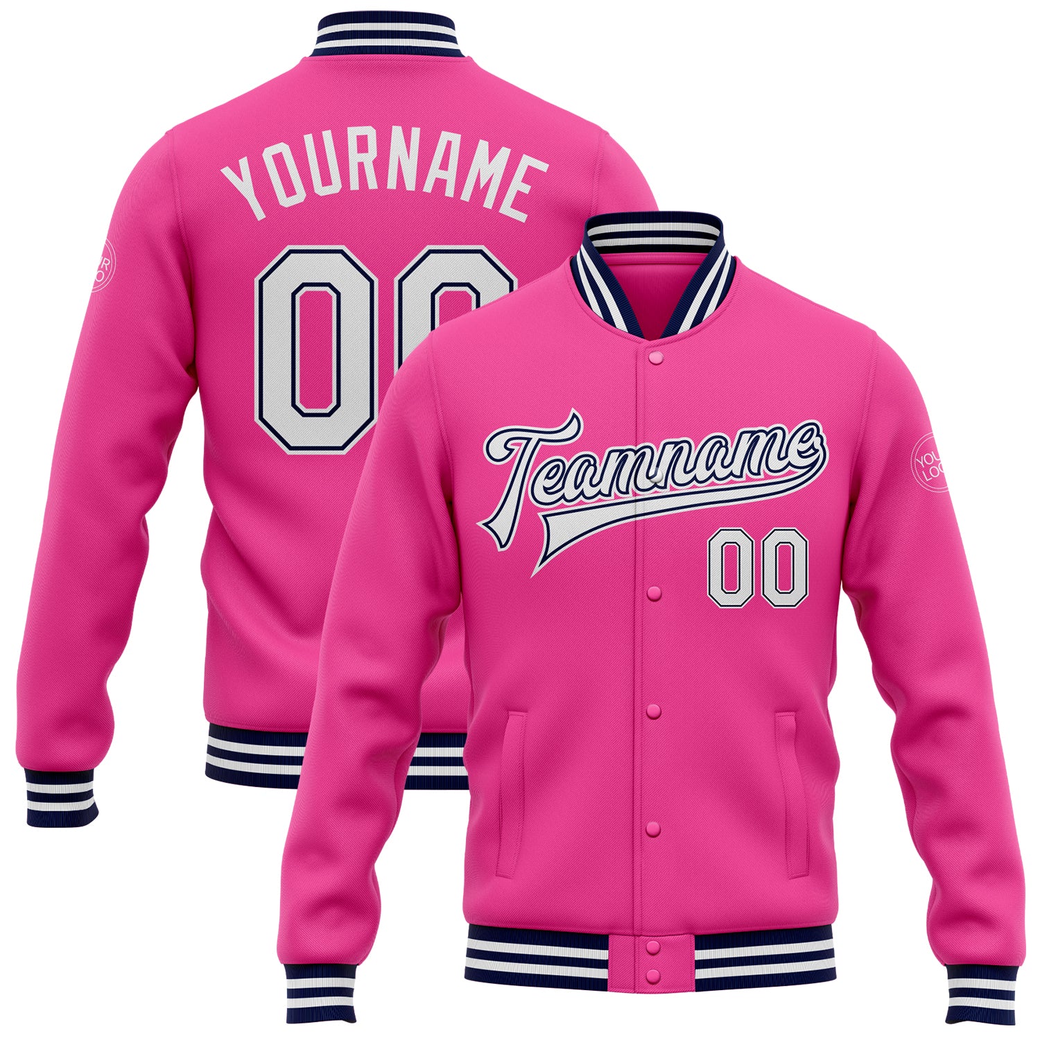 Personalized Pink White-Navy Bomber Full-Snap Varsity Letterman Jacket Team Custom Name and Number