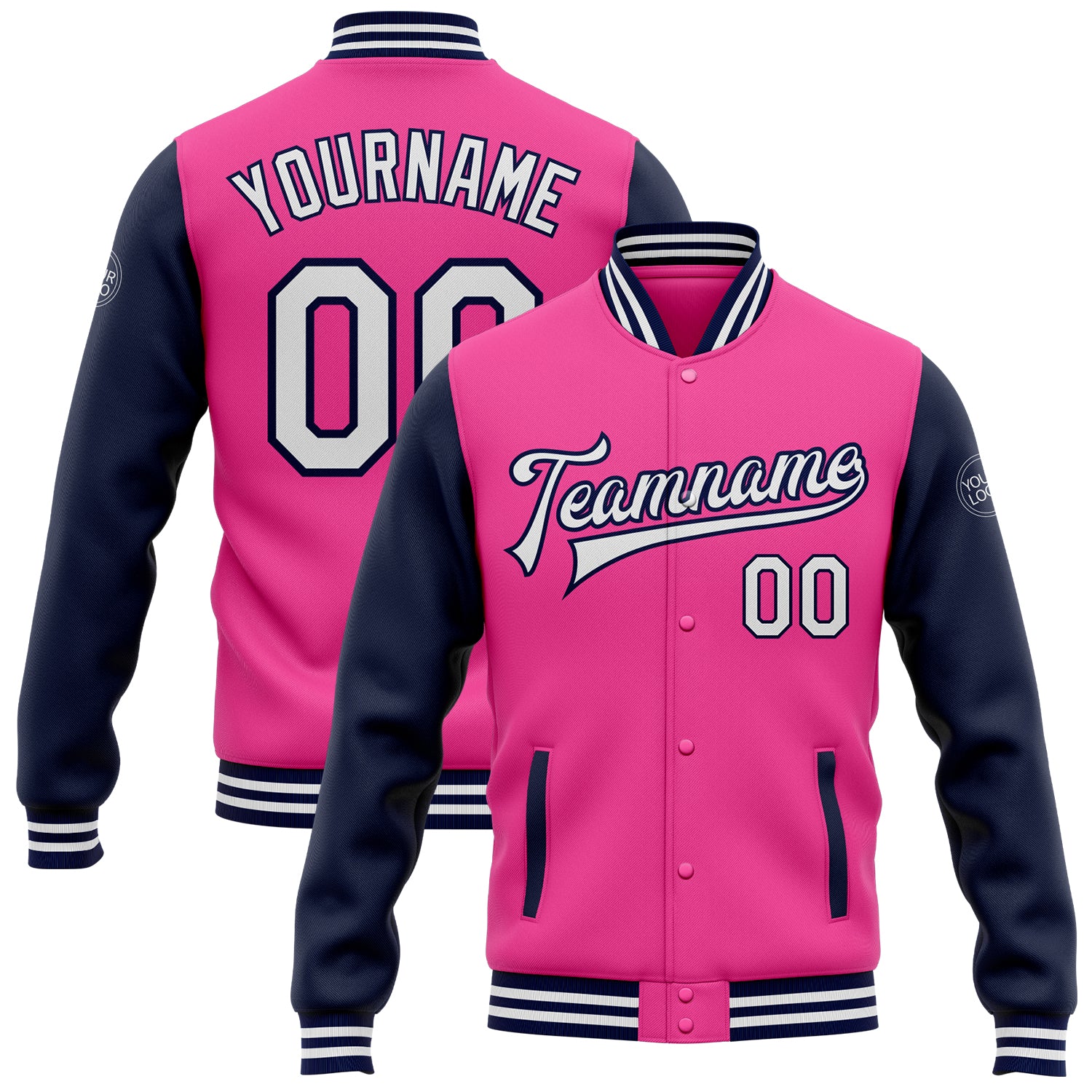 Personalized Pink White-Navy Bomber Full-Snap Varsity Letterman Two Tone Jacket Team Custom Name and Number