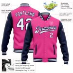 Personalized Pink White-Navy Bomber Full-Snap Varsity Letterman Two Tone Jacket Team Custom Name and Number