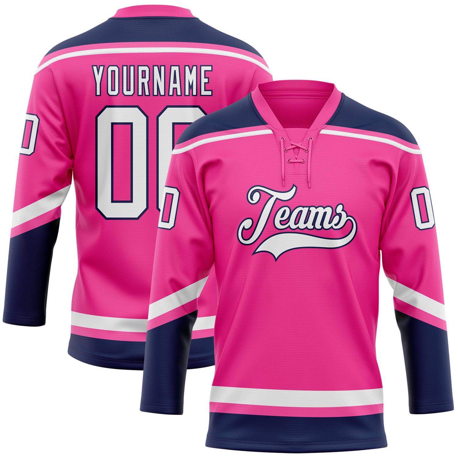 Personalized Pink White-Navy Hockey Lace Neck Jersey Team Custom Name and Number