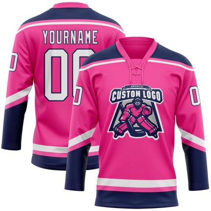 Personalized Pink White-Navy Hockey Lace Neck Jersey Team Custom Name and Number