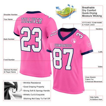 Personalized Pink White-Navy Mesh Authentic Football Jersey Team Custom Name and Number