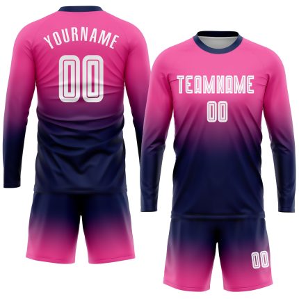 Personalized Pink White-Navy Sublimation Long Sleeve Fade Fashion Soccer Uniform Jersey Team Custom Name and Number