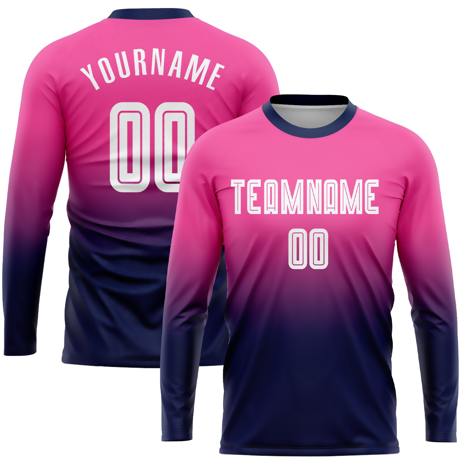 Personalized Pink White-Navy Sublimation Long Sleeve Fade Fashion Soccer Uniform Jersey Team Custom Name and Number