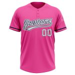 Custom pink, white and navy softball jersey, back view